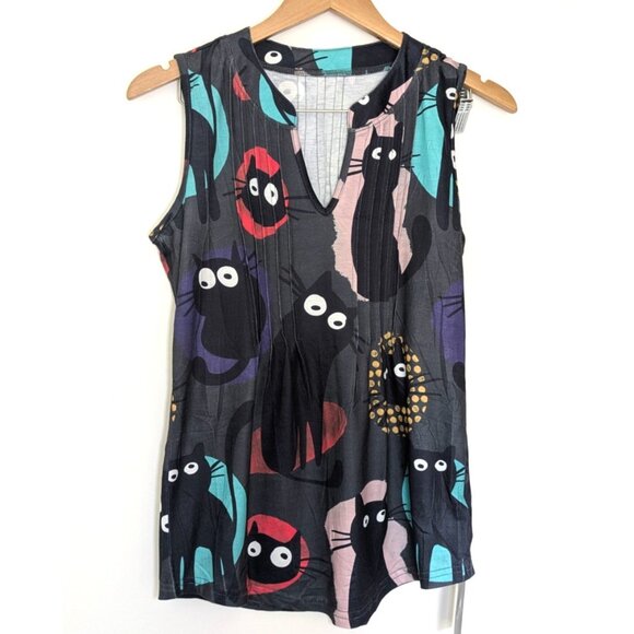 NWT Micoson Pleat Neck Sleeveless Women Size S Top V Neck Black with Cat Print - Picture 1 of 10